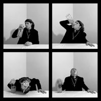 four black and white photos of a man drinking from a bottle